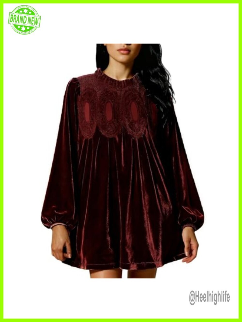Womens Velvet Lace A-Line Babydoll Mini Dress Scallop Neck Pleated Flared